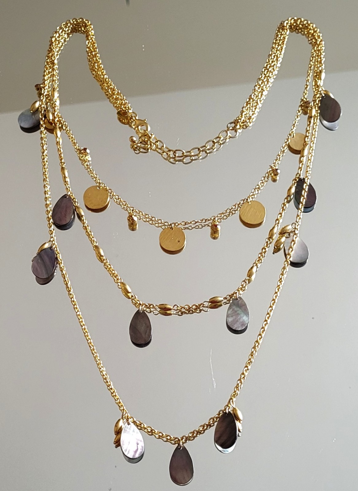JOAN RIVERS NECKLACE GRADUATED TRIPLE STRAND OF GOLDTONE DISCS & ABALONE