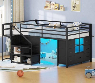 Low Loft Bed Twin Size with Stairs & LED Lights, Kids Loft Bed with 7 Storage