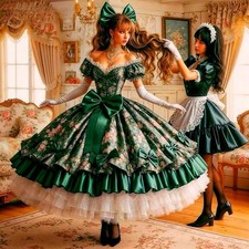 Emerald Green Lolita Prom Dress Ankle Length Ball Gown Printed Satin Cosplay HOT