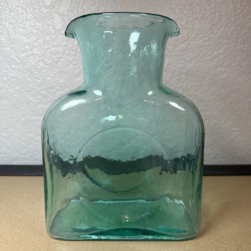 VTG Blenko Glass Pitcher Teal Sea Green 8” Double Spout Water Pitcher Carafe MCM
