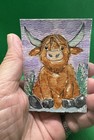 Original Handmade Signed ACEO  watercolor and Ink highland cow Camblch  OOAK art — photo 2