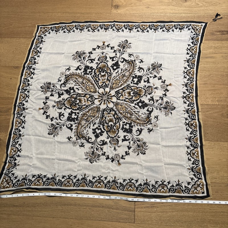 Square Scarf 36” Floral Baroque Print Black Gold Cream Tassel Corners Vintage