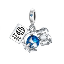 Airplane Passport Earth Charm 925 Sterling Silver Charm Fits Women's Charm Brace