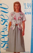 See & Sew Sewing Pattern 4799 Misses Vest Top and Skirt Size LG 16-18 VTG CUT