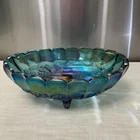 Vintage Indiana blue iridescent carnival glass footed bowl, scalloped rim floral