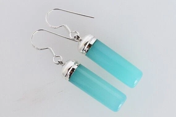 CYLEINDER Orecchini Pendenti Argento Sterling 925 Calcedonio Blu Gemma Gioielli - Immagine 4 di 4