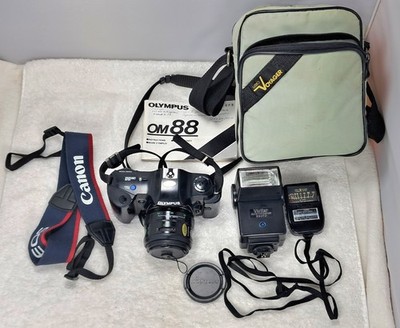 Olympus OM88 Power Focus Camera 35-70mm Zoom 3.5-4.5 Lens Plus Lot Of Extras