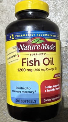 Nature Made Burp Less 1200mg Fish Oil Omega 3 360mg - 200 softgels  Exp 09/2027