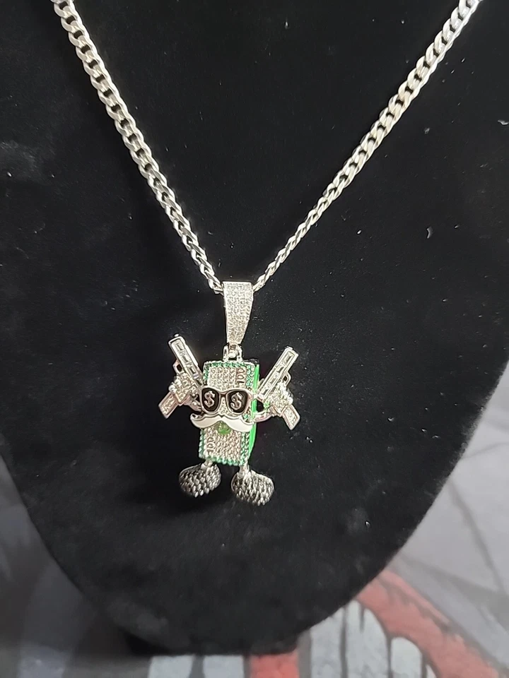 Cadena cubana sólida 925 de ley y colgante de dinero. 2mm 22"