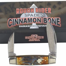 Rough Ryder Cinnamon Jigged Bone Senator Folding Knife Damascus Blades RR2530