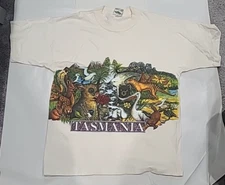 Vtg  Tasmania Rain Forest Animals Graphic T-Shirt Adult's L White Distressed 90s