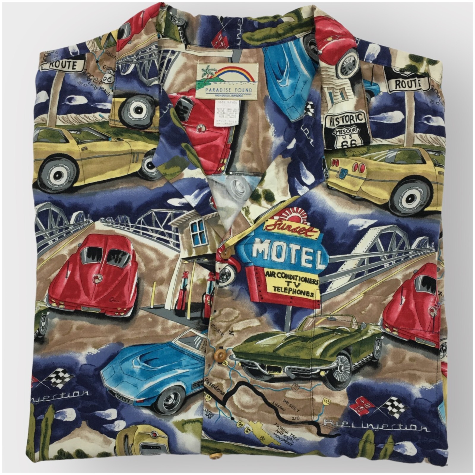 Vintage PARADISE FOUND Hawaiian Shirt Rayon Mens Size 2XL Camp Cruise ROUTE 66