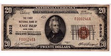 $20 1929 The First National Bank of East Islip, LONG ISLAND NY CH# 9322 VF