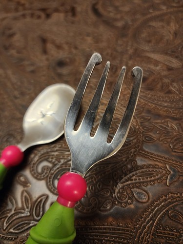 Vintage Gerber Fork And Spoon Set. Green, Chunky Knubby Handle, 5". - Picture 3 of 12