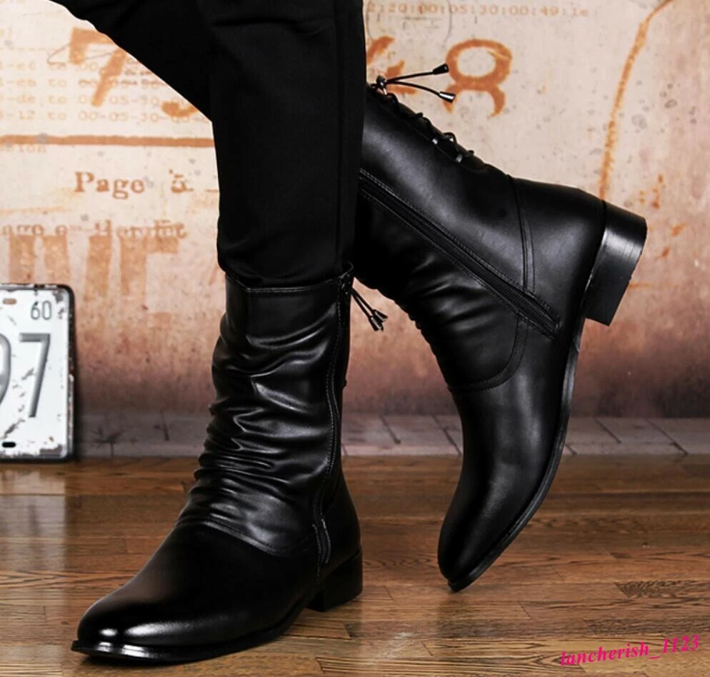 Men's Faux Leather Mid Calf Boots High Top Shoes Pointy Toe Korean Slip On  Retro