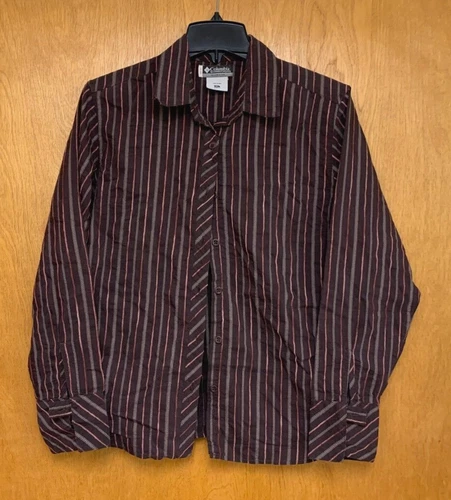 Columbia Sportswear XCO Women XL Shirt Burgundy Striped Button Up Long Sleeve