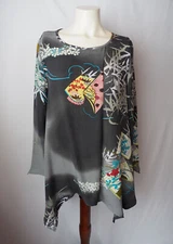 Citron Santa Monica Silk Crepe Blouse Tunic Floral Bamboo Jacquard Grey Multi M