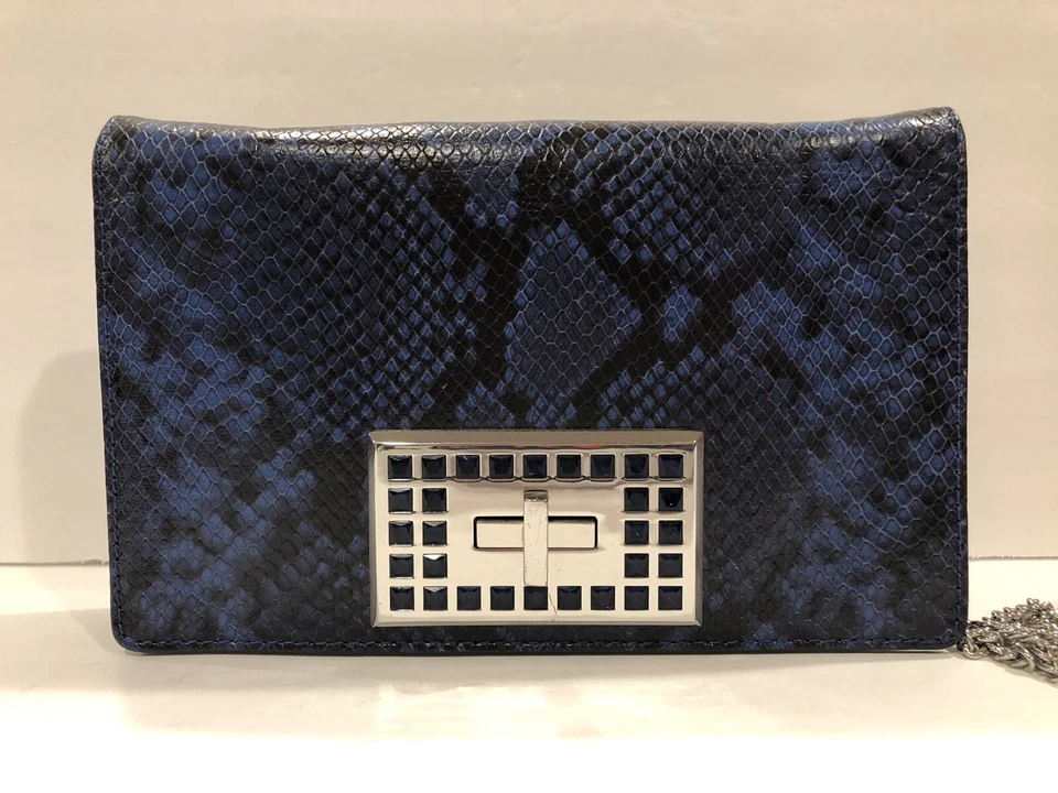 Michael Kors Ellie Md Shoulder Flap Bag Clutch Snake Print Electric Blue $378 - Image 3 of 4