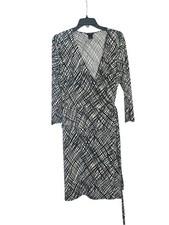 Ann Taylor Black & White Abstract Peplum 3/4 Sleeve Wrap Dress Women L