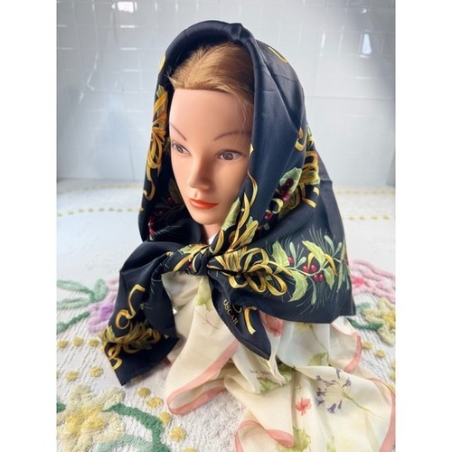 Oscar de la Renta Silk Scarf Black Holiday Christmas Holly Berry Gold Bell 34in