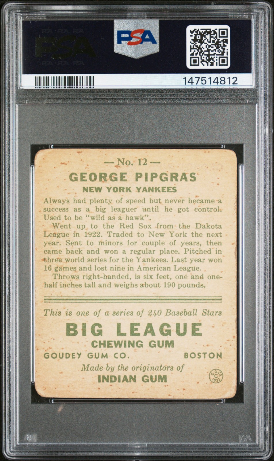 1933 Goudey #12 George Pipgras Yankees PSA 2 view 2