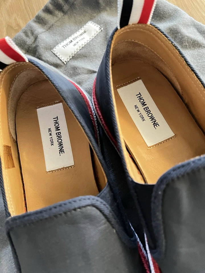 Size 8 Thom Brown Men’s Striped Trim Espadrilles Coated Blue Canvas - Image 4 of 4