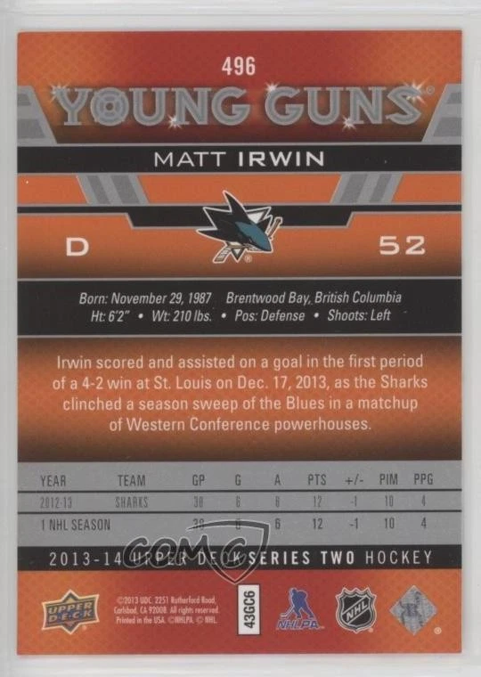 2013-14 Upper Deck Young Guns Matt Irwin #496 Rookie RC - Image 2 of 2