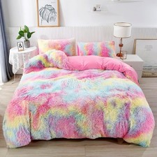 3Pcs Ultra Soft Long Hair Plush Shaggy Duvet Cover with Pillowcases, Colorful...