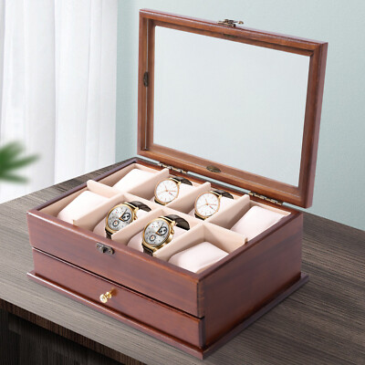 Vintage Watch Box 2 Layers Sycamore Wood Jewelry Large Storage Case Organizer