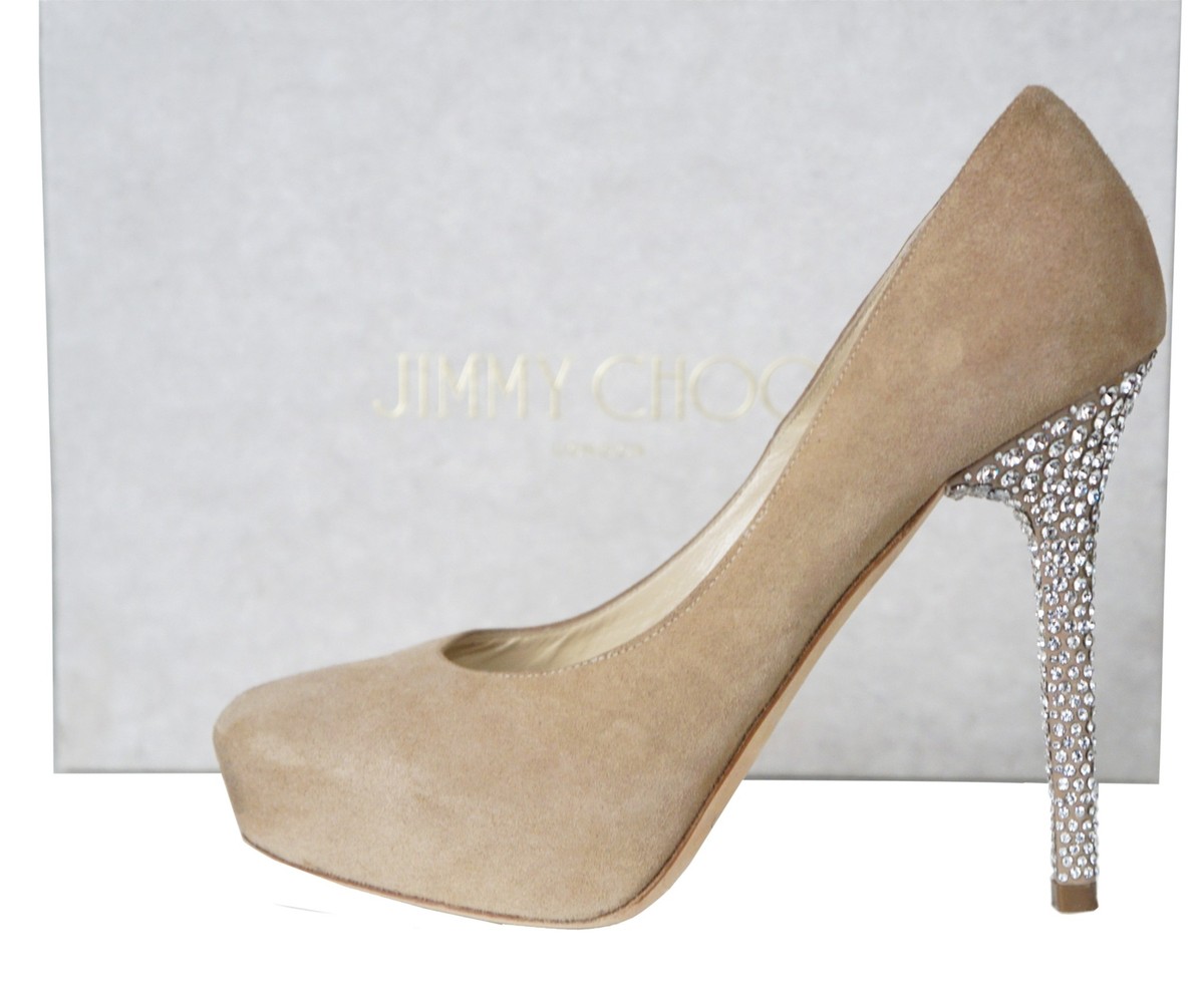 JIMMY CHOO sz 36 Esam Crystal Embellished Nude Suede Platform