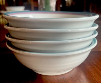 Four (4) Cereal Ice Cream Bowls Pfaltzgraff Stoneware Juniper Green Mauve Trim