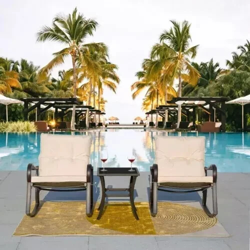 3 Pieces Rocking Bistro Set Outdoor Wicker Rocking Chair Steel w