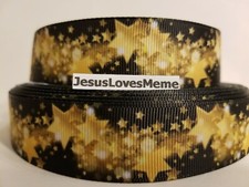 Grosgrain Ribbon Golden Stars on Black Shiny Cluster Glowing Stars, 1" Wide