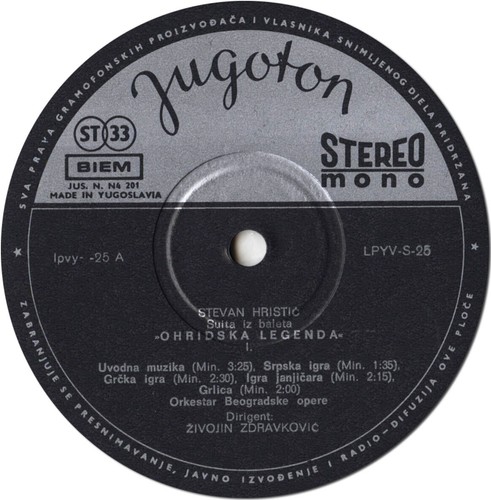 HRISTIC Ohridska Legenda (ballet suite) ZDRAVKOVIC Jugoton LPYVS-25 Black/Silver - Picture 3 of 3
