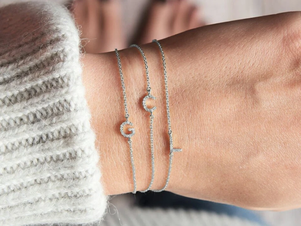 Diamond Letter Bracelet Tiny diamond Initial bracelet 14K Solid Gold bracelet - Image 4 of 4