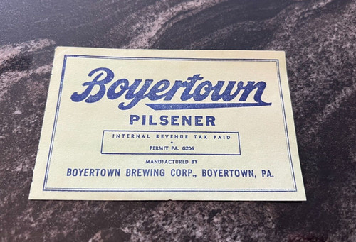 RARE ORIGINAL IRTP BOYERTOWN PILSENER BEER KEG BARREL BOTTLE LABEL BOYERTOWN PA