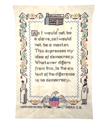 Vintage Cross Stich Worked in 1952 Signed Democracy Lincoln 19.5'' x 27.5''