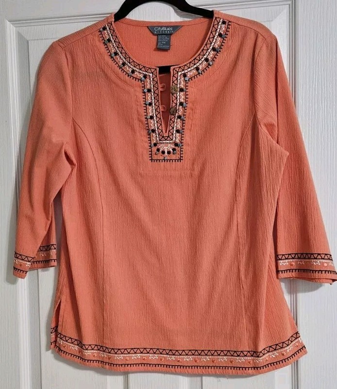 Orange Blouse, Bead Design On Front, Stitching, Size PM, City Blues, 3/4 Sleeves
