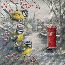 2 x cocktail paper napkins for decoupage Winter birds Blue tits village mailbox