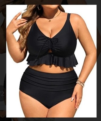 Yonique Women's Plus Size Black 2 PC Swimsuit Tummy Control Ruffle 12W
