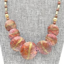 VTG Earthy Jasper Stone Slab Necklace Brown Wood Tube Spacer Bead Chunky Tribal