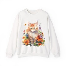 Flower cat printed sweatshirt vintage sweater women floral gift kitten Lover
