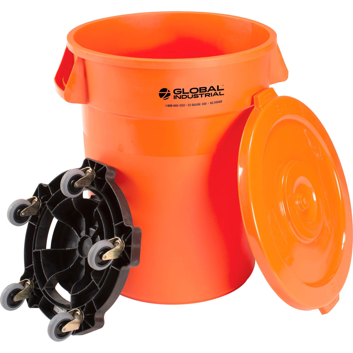 Global Industrial 32 Gallon Plastic Trash Can with Lid  Dolly Bright Orange