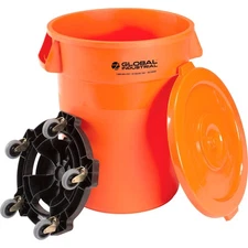 Global Industrial 32 Gallon Plastic Trash Can with Lid  Dolly Bright Orange