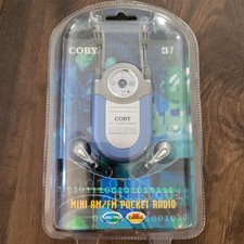Coby CX-7: Mini AM FM Pocket Radio Dynamic Bass Boost Sys Neck Strap 2003 NOS