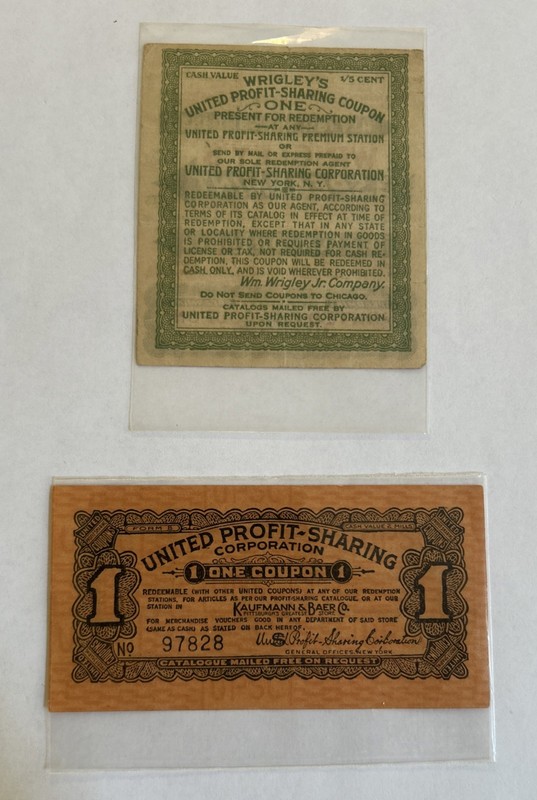 Profit Sharing Coupons-1920’s- Wrigley’s And Kaufman & Baer Co. - See Pics