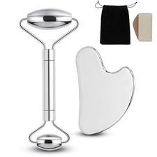 Unfovi Stainless Steel Gua Sha and Face Roller Set Facial 2PCS, Silver
