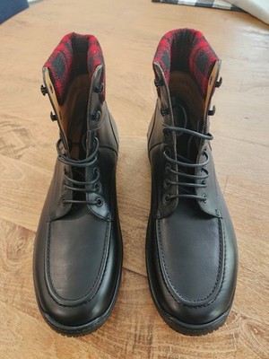 Ralph Lauren Men s Rolan Black Leather Lace-Up Ankle Boots Plaid Cuff Lined 9.5