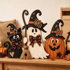 Farmhouse Wooden Halloween Set, Ghost Pumpkin Black Cat Decor