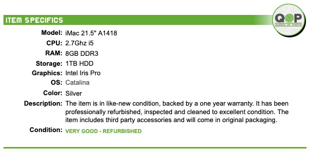 Apple iMac 21,5" A1418 2012 - 2,7 GHz i5, 8 GB de RAM, DISCO DURO DE 1 TB, macOS Catalina Foto 2 de 4